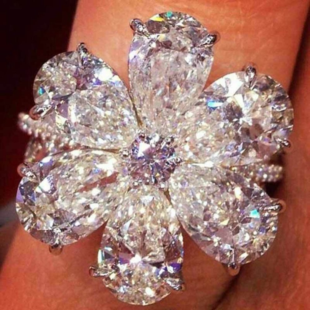 🎁925 Silver Plated White CZ Pear-shaped Flower Ring, GPMB1446-8 - Picture 2 of 10